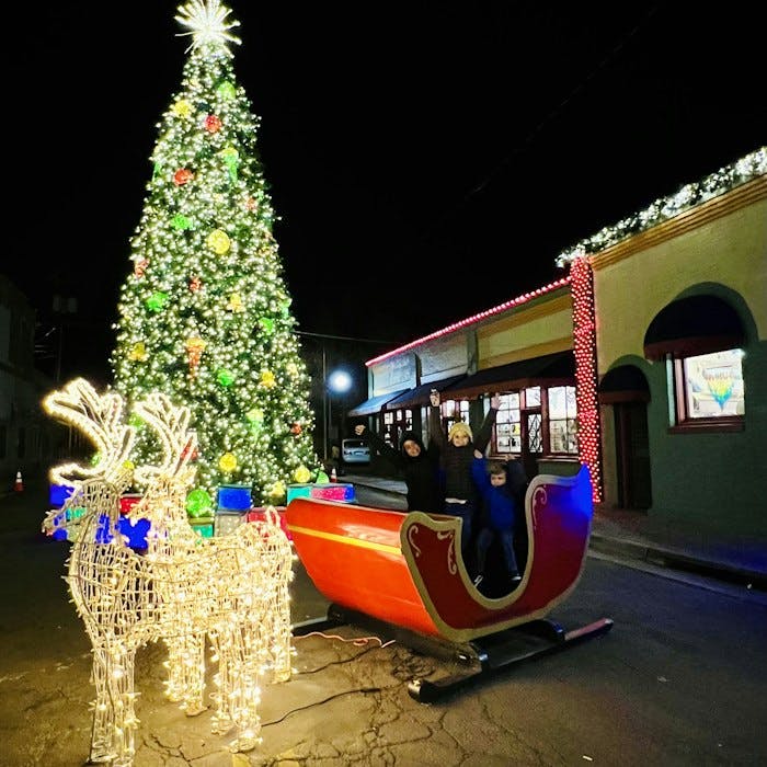 Img: christmas, christmas decorations, festival, christmas tree, person, car, transportation, vehicle