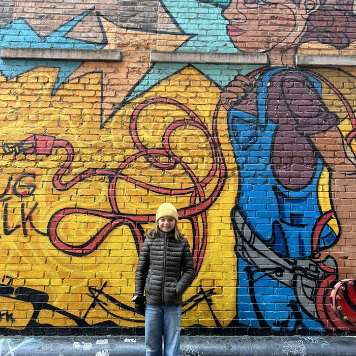 Img: pants, person, portrait, art, wall, painting, jeans, shoe, mural, glove