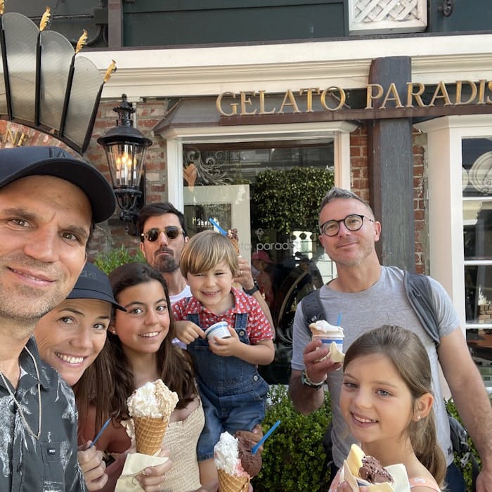 Img: cream, ice cream, adult, male, man, person, glasses, icing, hat, wristwatch